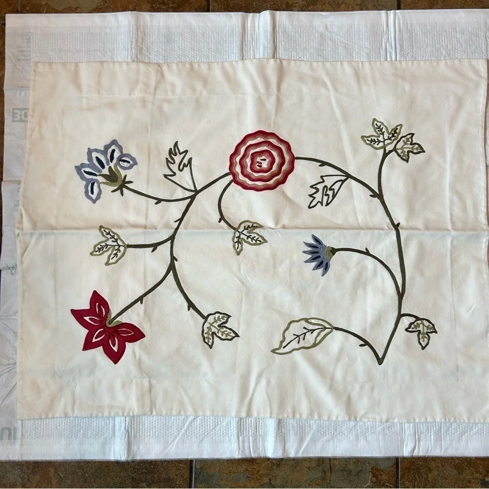 Pottery Barn Pillow Sham Set Floral Embroidered Cotton 19x26” Cream Green Garden